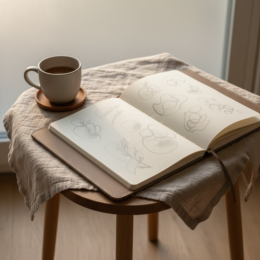 An open artisan sketchbook bound in soft, muted taupe leather, displaying a series of refined pencil sketches featuring organic forms and gentle, flowing lines. The sketchbook lies on a textured, natural linen throw placed on an airy oak side table. Dappled early evening light filters in through a frosted glass window, creating soft highlights on the paper grain and casting minimal shadows. A discreet, minimalist ceramic mug sits nearby, adding balance without distraction. Shot from a gently elevated angle with the pages partially turned, the atmosphere is contemplative and inviting, aligning with the personal and creative essence of Seema’s site. The style is photographic, with understated elegance and nuanced gradients in the neutral palette.